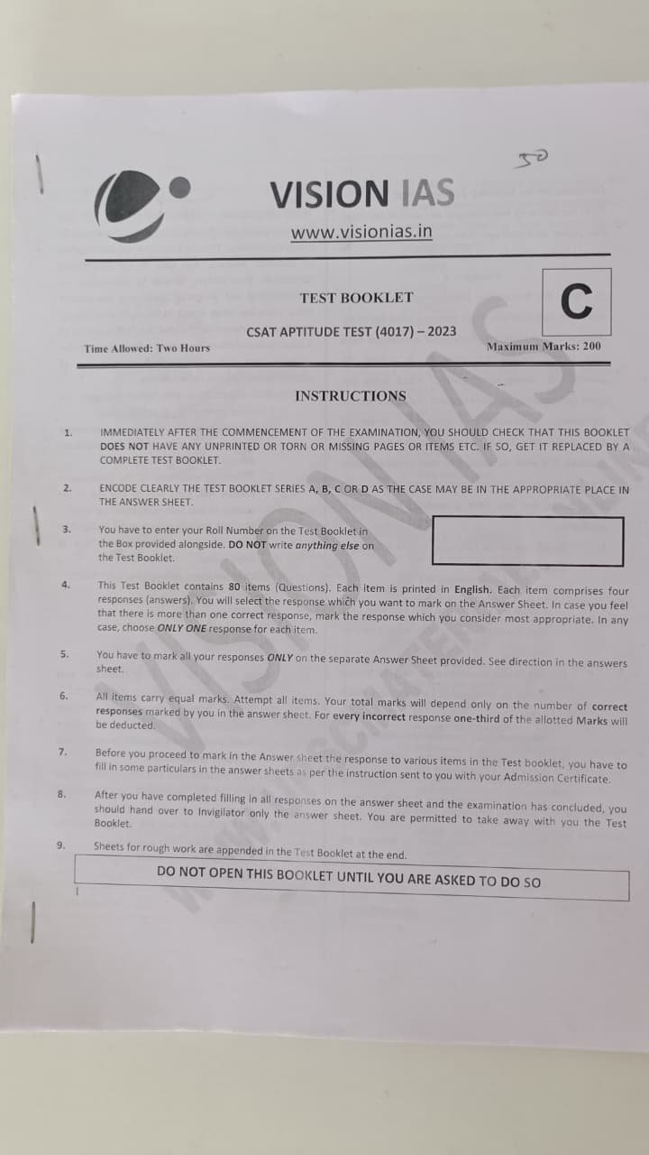 VISION IAS TEST BOOKLET CSAT APTITUDE TEST(4017) - 2023